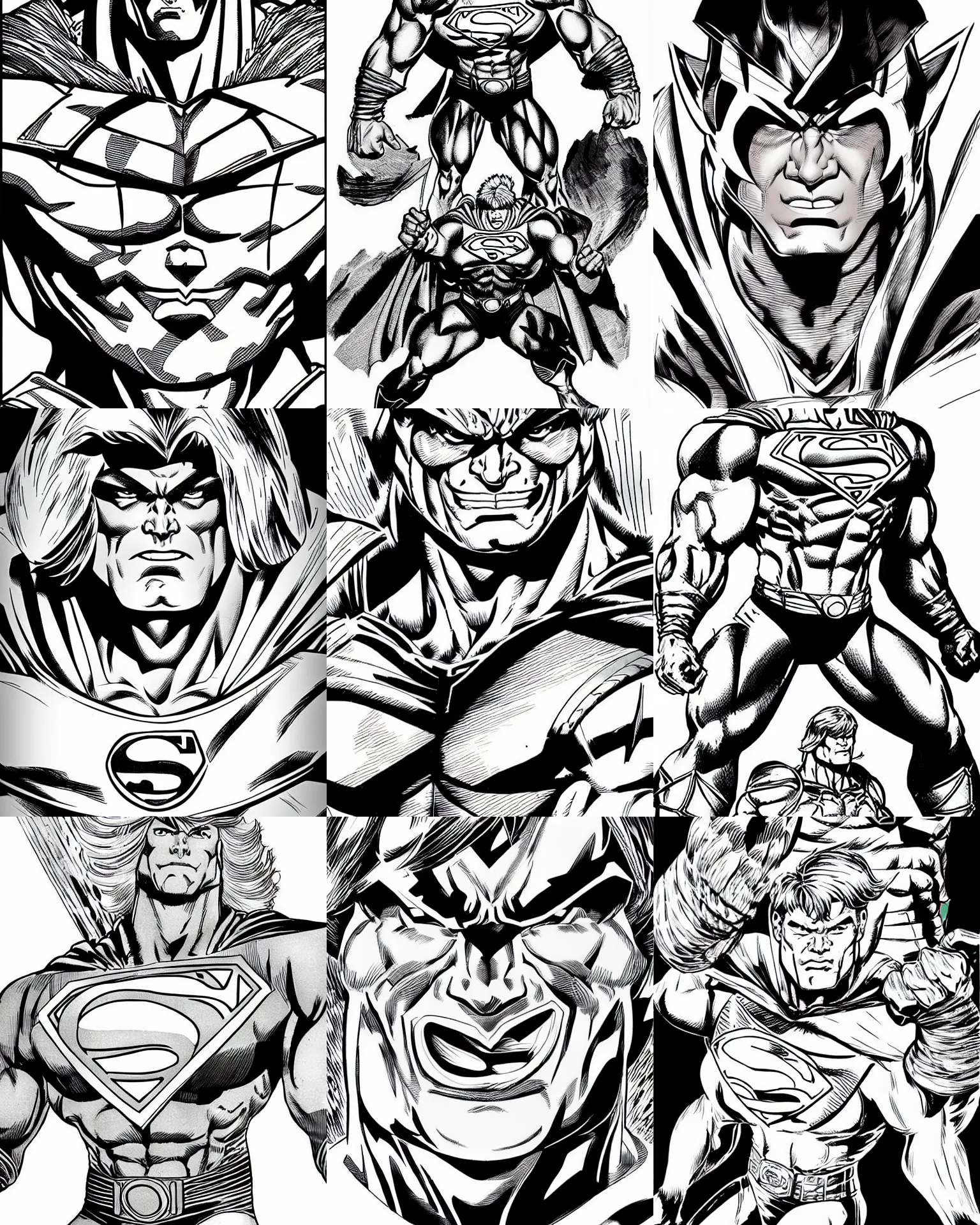 Prompt: he - man!!! jim lee!!! macro face shot!! flat ink sketch by jim lee face close up headshot superman costume in the style of jim lee, x - men superhero comic book character by jim lee