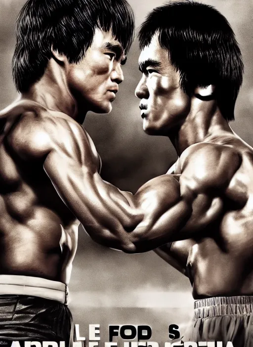 Image similar to Film poster, Arnold Schwarzenegger VS Bruce lee , faces look at each other, detailed and realistic, 4k, filmic render