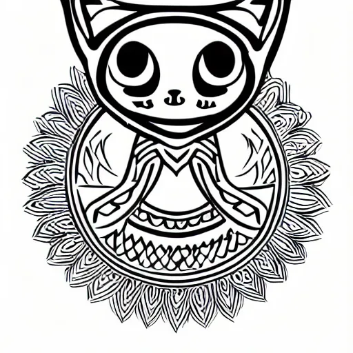 Image similar to tattoo sketch of a cat hugging the sun, on a canva, polynesian style, ornamental, line art, vector,