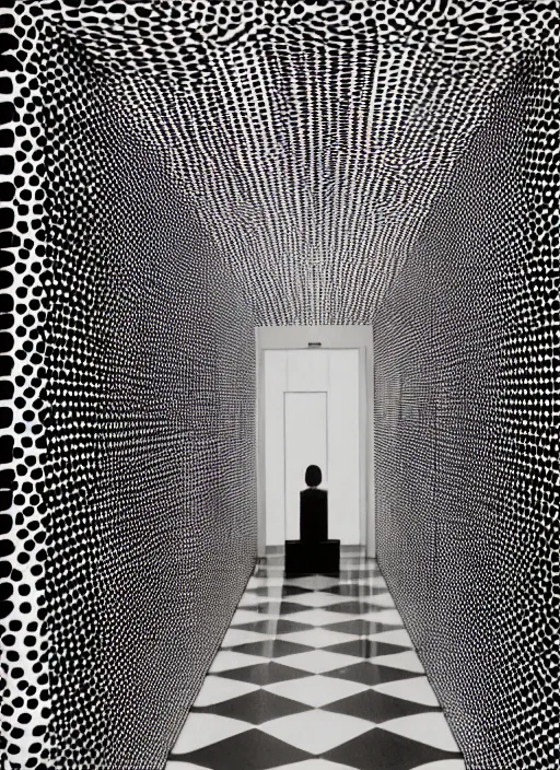 Image similar to a photograph of a symmetrical hallway designed by yayoi kusama, 3 5 mm, film camera, dezeen, architecture