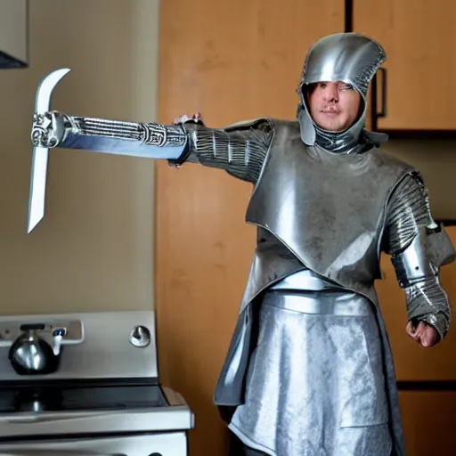 Image similar to cardboard boxman with cardboard armor, wielding a cardboard sword inside a kitchen, cabinets, stove