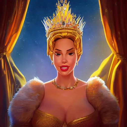 Image similar to Portrait of Sofia Vergara as the Golden Queen wearing a majestic crown, luxurious scene, mattepainting concept Blizzard pixar maya engine on stylized background splash comics global illumination lighting artstation lois van baarle, ilya kuvshinov, rossdraws