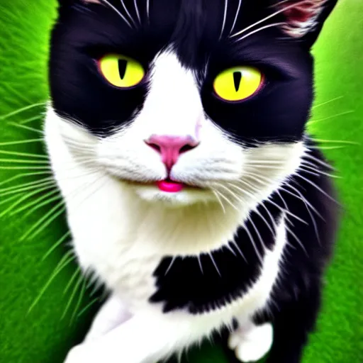 Image similar to tuxedo cat, white cheeks, white paws, yellow eyes, playful, young, catch fly, h 6 4 0