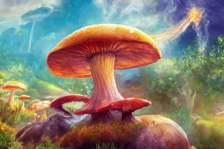 Image similar to highly detailed oil painting of a dinosaur ( ( mushroom ) ) in a steaming colorful hotspring, featured on artstation