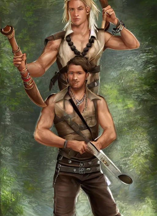 Image similar to a male ranger, dnd, wearing a leather vest and white linen pants, chiseled good looks, long swept back blond hair, puka shell necklace, with a bongo drum and nunchucks, digital art