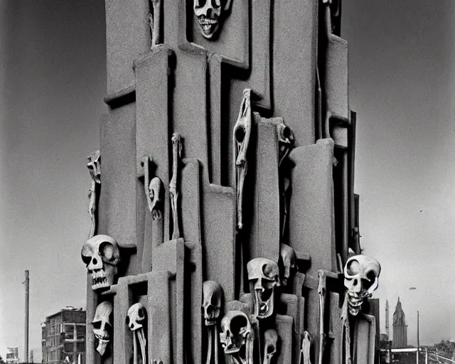 Prompt: by francis bacon, vivian maier, mystical photography evocative. an intricate fractal concrete and steel carved sculpture of the secret faces of god and a pile of bones, standing in a city center.