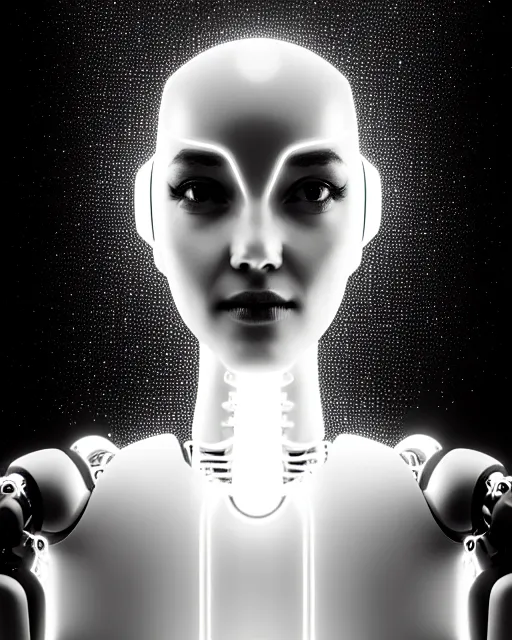 Image similar to black and white dreamy spiritual connected young female robot - cyborg high quality photo, microchip, artificial intelligence, bio - mechanical bio - luminescence, black wired cables, neurons, nerve cells, cinematic, rim light, photo - realistic, elegant, high detail, 8 k, masterpiece, high fashion