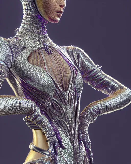 Image similar to a highly detailed metahuman 4 k close up render of an alien goddess bella hadid monument techno in iris van herpen dress schiaparelli in diamonds crystals swarovski and jewelry iridescent in style of alphonse mucha gustav klimt trending on artstation made in unreal engine 4