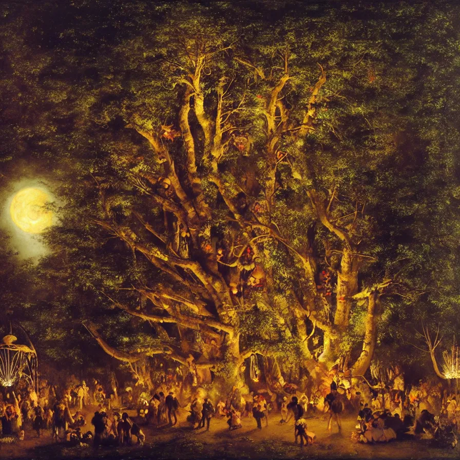 Image similar to a night carnival around a magical tree cavity, with a surreal orange moonlight and fireworks in the background, next to a lake with iridiscent water, christmas lights, folklore animals and people disguised as fantastic creatures in a magical forest by summer night, masterpiece painted by gustave courbet, mark keathley, dark night environment