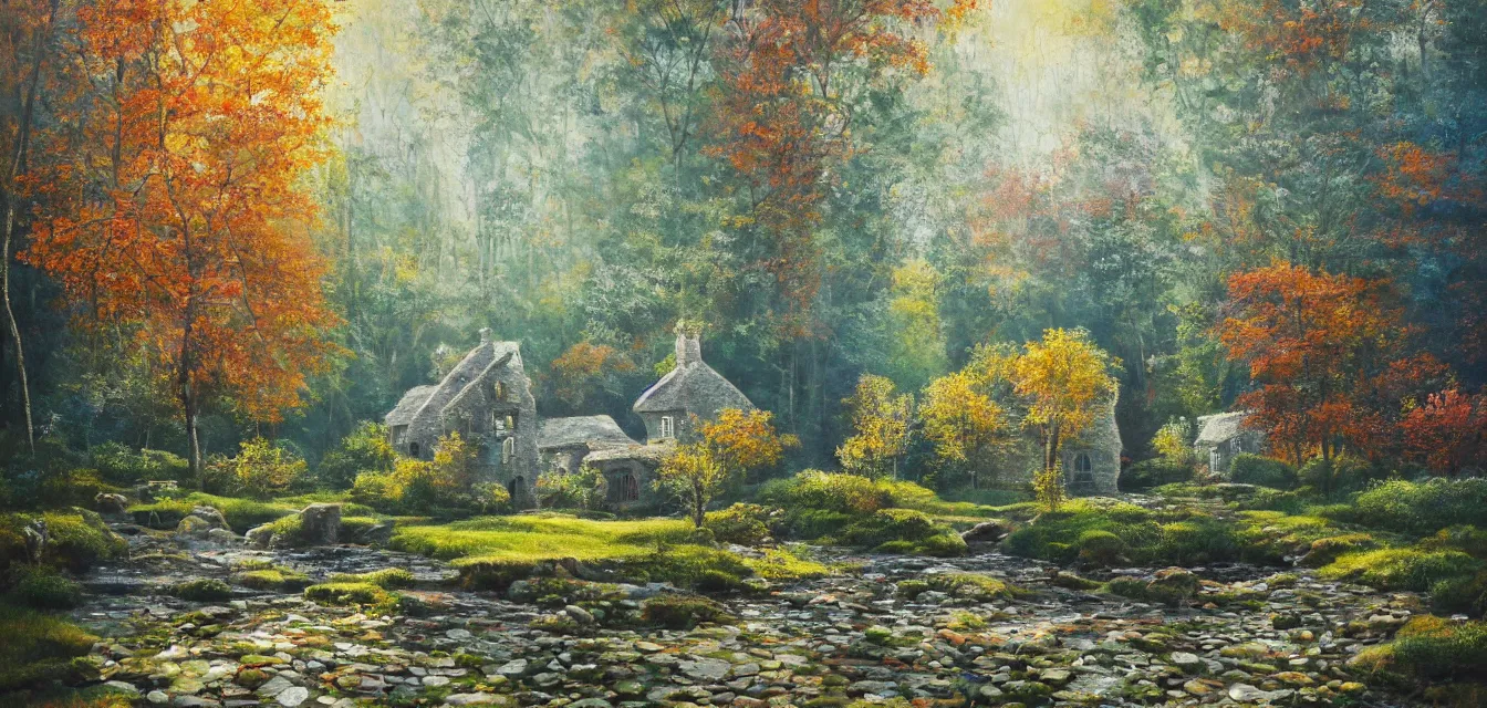 Prompt: a painting of sparse stone cottages underneath a dense tall forest, with pristine reflex from cascading ponds. gorgeous, elegant, sophisticated, an ultrafine painting, intricate brush strokes, bright depth oil colors, photography by araken alcantara. intense promiseful happiness, autumn sunrise warm light, detailed and intricate environment. hopeful. bodyscapes