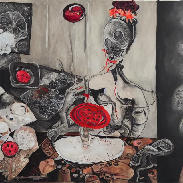 Prompt: a portrait in a female artist's apartment, organic, a woman holding a brain, japanese pottery vase with white flowers, sensual, smokey burnt envelopes, candles, feminine, spilled milk, octopus, squashed berries, pizza box, pancakes, black underwear, neo - expressionism, surrealism, acrylic and spray paint and oilstick on canvas