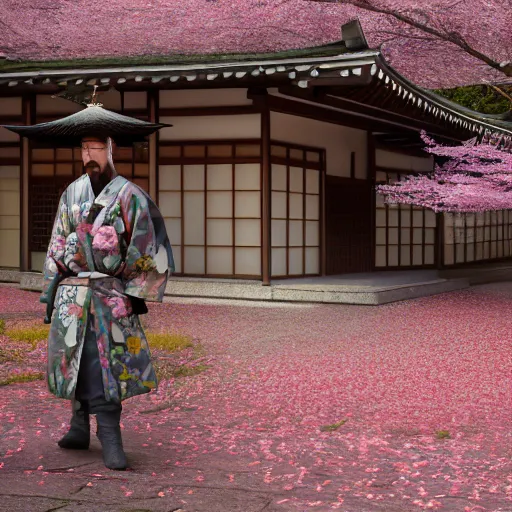 Image similar to hyperrealistic painting of a highly detailed photorealistical samurai, standing in front of traditional Japanese hut, cherry blossom trees outside, Feng Shui Style, cinematic concept art, art station, award winning art, 8k, octane render, unreal engine 5