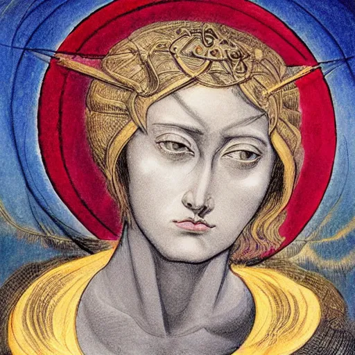 Image similar to beautiful face jeanne d'arc in the style of william blake, terese nielsen, isolde