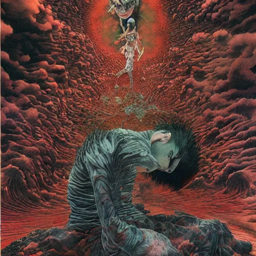 Image similar to realistic detailed image of a epic anime battle, Shintaro Kago, Kentaro Miura, Neo-Gothic, grotesque, rich deep colors. Beksinski painting, part by Adrian Ghenie and Gerhard Richter. art by Takato Yamamoto. masterpiece