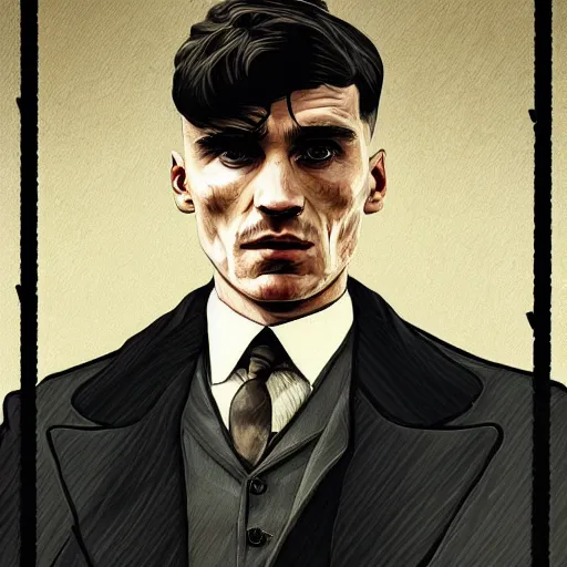 Prompt: a portrait of thomas shelby from the peaky blinders in jail, in the style of Benjamin Bader, sharp, highly detailed, realistic face, digital art, epic, fantasy, artstation