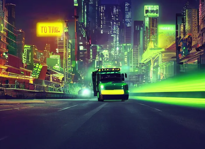 Image similar to a film still of a tonka truck driving in forward direction through a neon green city at night, cinematic