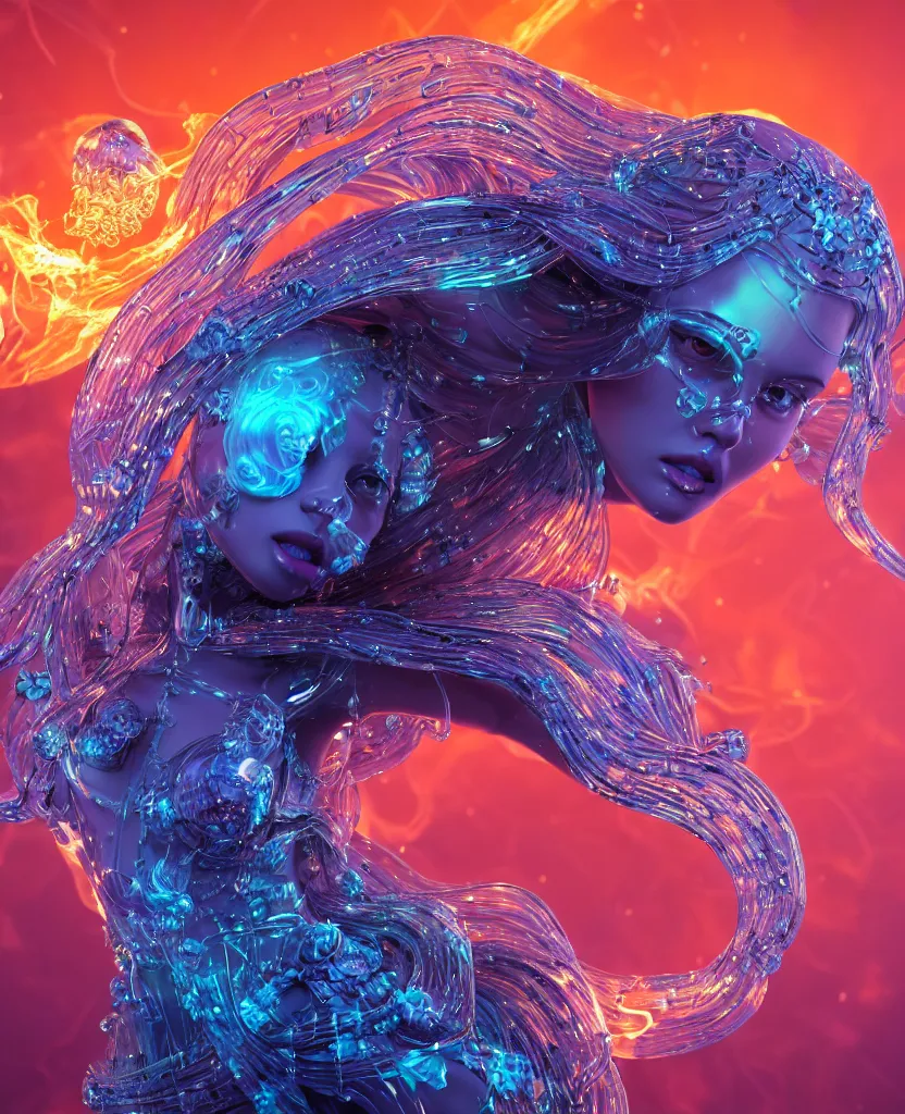 Image similar to close-up macro portrait of the face of a beautiful princess, epic angle and pose, symmetrical artwork, 3d with depth of field, blurred background, cybernetic jellyfish female face skull phoenix bird, translucent, nautilus, energy flows of water and fire. a highly detailed epic cinematic concept art CG render. made in Maya, Blender and Photoshop, octane render, excellent composition, cinematic dystopian brutalist atmosphere, dynamic dramatic cinematic lighting, aesthetic, very inspirational, arthouse. y Greg Rutkowski, Ilya Kuvshinov, WLOP, Stanley Artgerm Lau, Ruan Jia and Fenghua Zhong