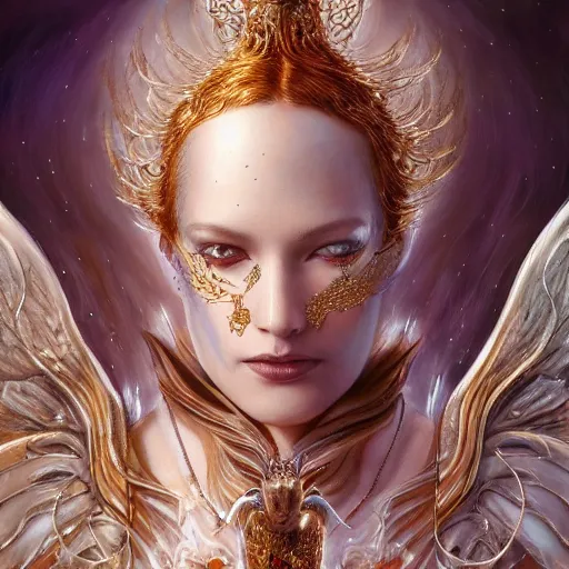 Image similar to a beautiful angel with 3 heads wearing a silver armor with golden ornaments and diamonds jewelry, wings by alex gray and android jones, karol bak, ayami kojima, amano, concept art, character design, fantasy, 3 d, 8 k resolution