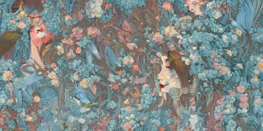 Image similar to breathtaking detailed concept art painting vintage illustration pattern of goddesses of light blue flowers with anxious piercing eyes and blend of flowers and fruits and birds, by hsiao - ron cheng and beto val and john james audubon, bizarre compositions, exquisite detail, extremely moody lighting, 8 k