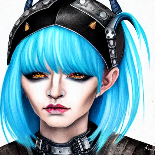 Prompt: illustrated realistic portrait female ram-horned kobold with asymmetrical bob haircut blue hair with black evil devil eyes wearing strap leather armor by rossdraws