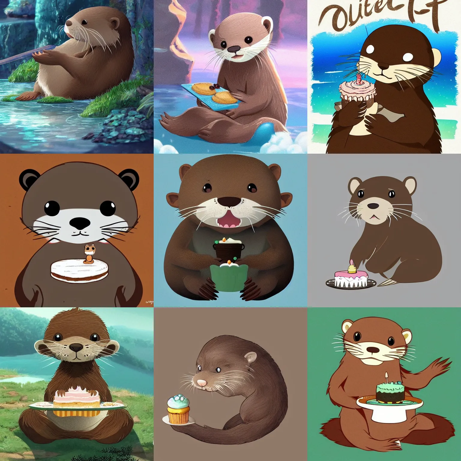 Prompt: cute otter eat cake, graphic art, rgba, 8 k hd resolution, pinterest, dynamic character, 8 k character details, concept art, 8 k ultra realistic, intricate details, ultra detailed, reduce character duplication, in style of hayao miyazaki