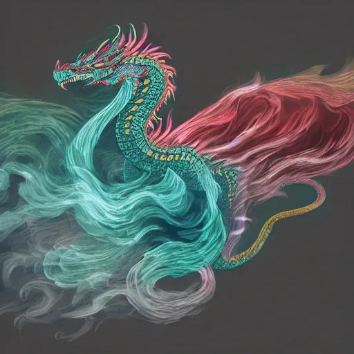 Prompt: multi color smoke, smoke has a small ( outstretched ribbed wings and head of an ancient dragon ), billowy, hdr, 8 k, 4 k