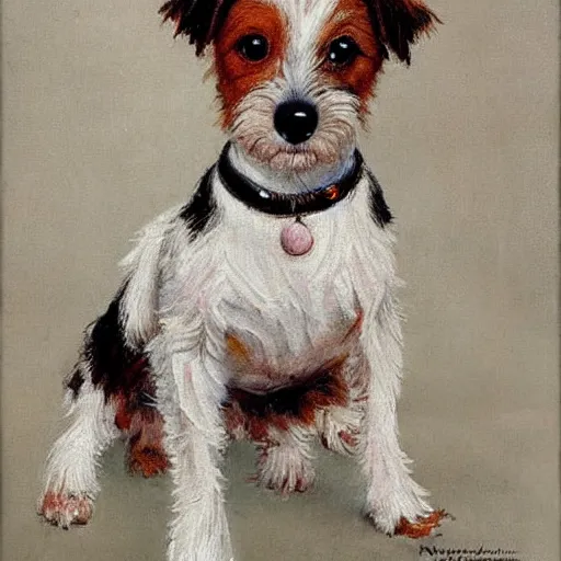 Prompt: a high quality painting of a very cute scruffy wire haired jack russell terrier puppy, white with chocolate brown spots, brown patches over both eyes. friendly, curious expression. painting by norman rockwell