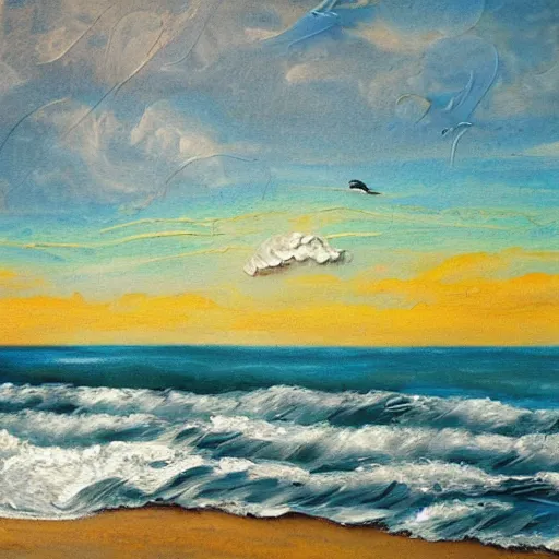 Image similar to thick impasto textured painting of a ocean landscape with beach and shore birds with a storm in the distance