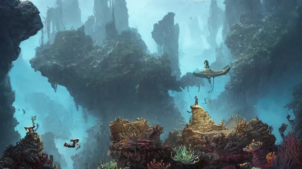 Image similar to A diver is under the sea, he has a treasure with him, he is swimming away from the giant Nessie that is behind hunting him, this is an extravagant planet with wacky wildlife and some mythical animals, the background is full of ancient ruins, the ambient is vivid with a terrifying atmosphere, by Jordan Grimmer digital art, trending on Artstation,