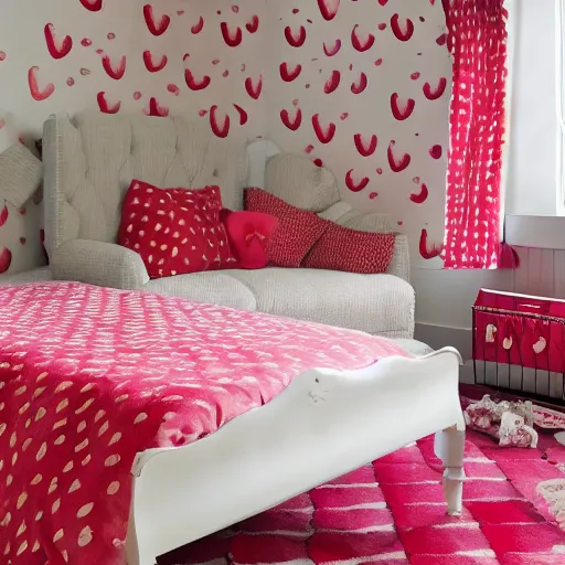 Prompt: deisgner photography of bedroom themed to strawberry motif. bed has strawberry blankets. wall has strawberry pattern. furniture has strawberry motif. furniture is shaped like strawberries. carpet has strawberry motif. lighting has strawberry shapes.