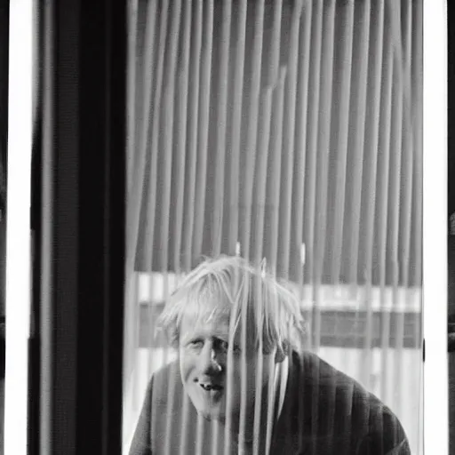 Image similar to a photo taken from the inside of an old house with window blinds being pulled back to reveal a terrifying boris johnson with his face pressed against the window with his hand on the window and a horrifying grin. horror, black and white, raining, night time