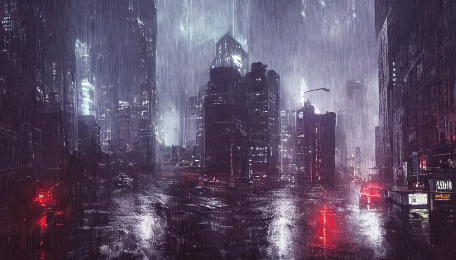 Image similar to Gotham City under a huge rainstorm with lightning, hyperdetailed, artstation, cgsociety, 8k