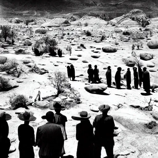 Prompt: paleozoic by ansel adams ultradetailed. a beautiful photograph of a group of people standing in a line. they are all facing the same direction & appear to be waiting for something.