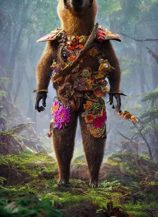 Image similar to detailed full body concept art illustration matte painting of an anthropomorphic capybara forest warrior in full intricate colorful clothing, ultra detailed, digital art, octane render, 8K, dystopian, biomutant, micro details