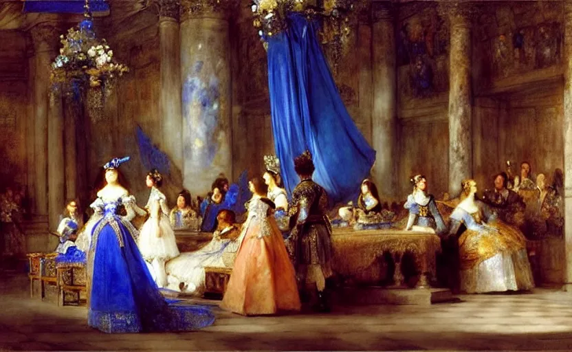 Prompt: the royal wedding between the princess of fire and the black knight in the palace hall, blue light, blue tones. by henriette ronner - knip, by william henry hunt, by rembrandt, by joseph mallord william turner, by konstantin razumov, concept art,