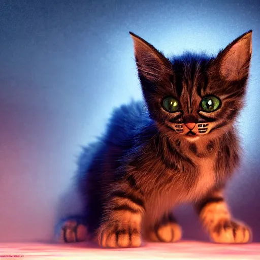Image similar to full body pose, hyperrealistic photograph of a monster kitten, dim volumetric lighting, 8 k, octane beautifully detailed render, extremely hyper detailed, intricate, epic composition, cinematic lighting, masterpiece, trending on artstation, very very detailed, stunning, hdr, smooth, sharp focus, high resolution, award, winning photo, dslr, 5 0 mm