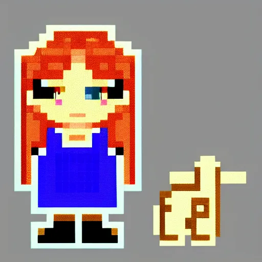 Prompt: pixel art of a female game character with purple long hair and a small pet