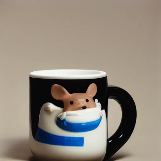 Prompt: a studio photoshoot of a collectible mug with fat mouse shape, special ceramic materials, Off-White, realistic, color film photography by Tlyer Mitchell, 35 mm, graflex