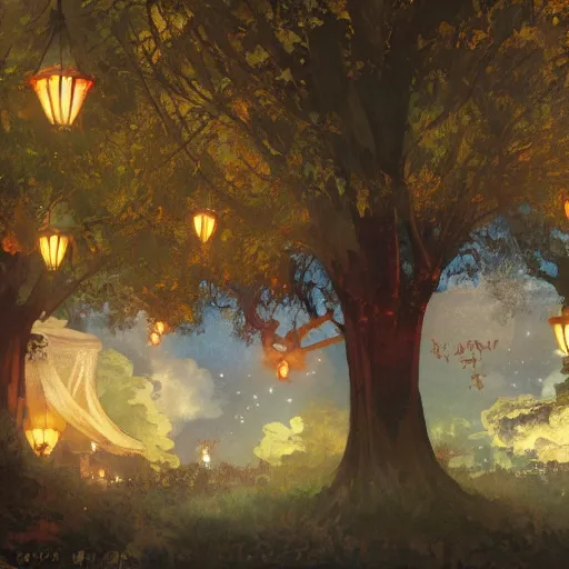 Prompt: Concept art, Sky lanterns by gingko trees, 8k, by Rembrandt, background by alphonse mucha, artstation