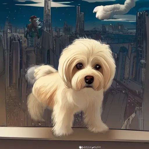 Prompt: cream colored havanese dog dressed as a super hero, looking over a futuristic city, wide shot, highly coherent, saga comic, graphic novel, fiona staples