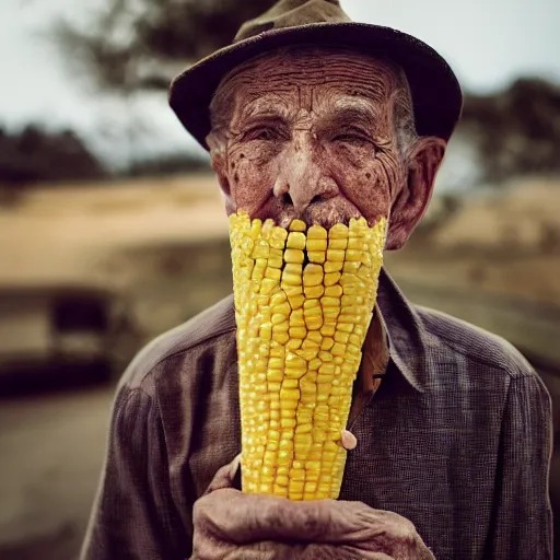 Image similar to an elderly man wearing a mask made from a tortilla, holding a sword made from elote, driving a corn cob car, bold natural colors, national geographic photography, masterpiece, 8 k, raw, unedited, symmetrical balance