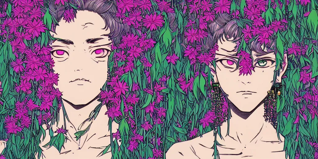 Prompt: risograph grainy drawing of neo - tokyo anime - like hero girl protagonist face, dull colors, with huge earrings, face covered with plants and flowers, by moebius and dirk dzimirsky and satisho kon, latex, close - up wide portrait, epic sad, perfect blue