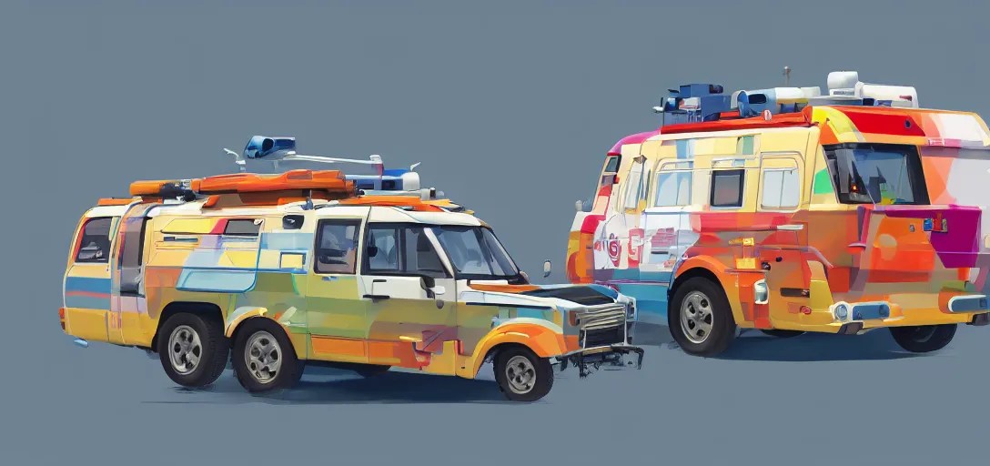 Image similar to retro medical vehicles concept art, colorful, 8 k photorealistic, hd, high details, trending on artstation