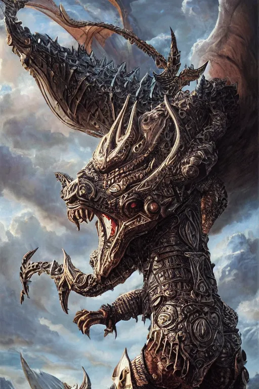 Image similar to ultra realist and ultra intricate detailed soft painting of a miniature muscled minotaur wearing gothic ornamented armor pieces and claymore and fighting in the jaw of a gigantic wyrm dragon, symmetry features, huge teeths, sensual gloomy style, soft painting, volumetric clouds, cyberpunk background, artstation, Boris Vallejo artstyle, unreal render, depth of field