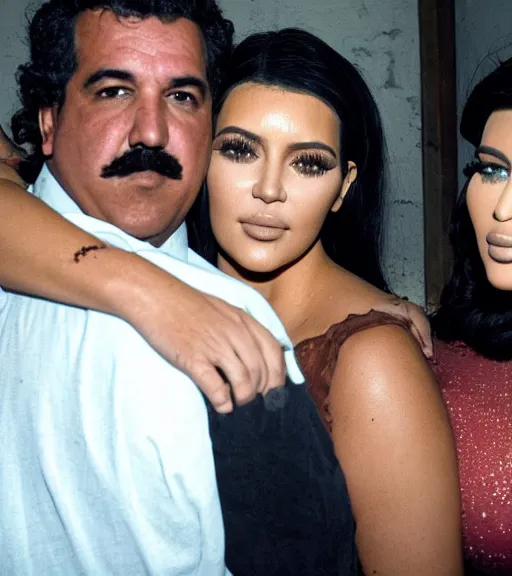 Image similar to Pablo Escobar hugging kim kardashian & kylie Jenner in a derelict mafia mansion