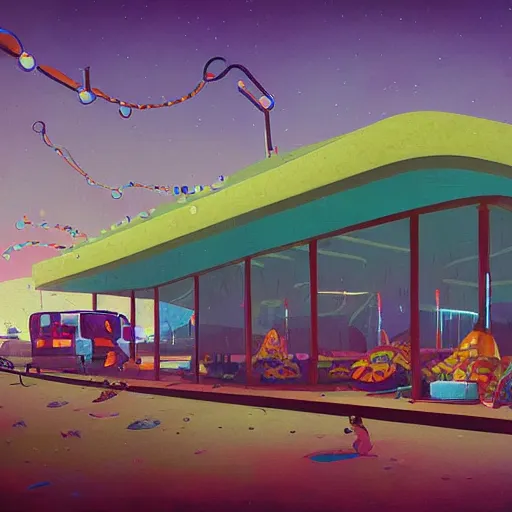 Image similar to psychedelic beachfront fast food restaurant by simon stalenhag