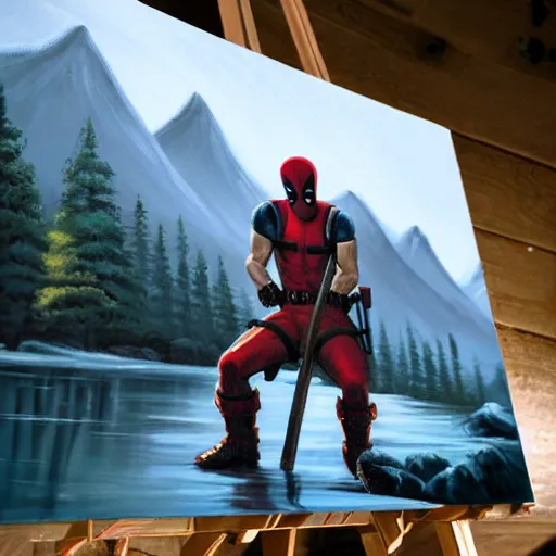 Image similar to a closeup photorealistic photograph of bob ross working on a canvas painting of deadpool. film still. brightly lit scene. mountains and trees. this 4 k hd image is trending on artstation, featured on behance, well - rendered, extra crisp, features intricate detail, epic composition and the style of unreal engine.