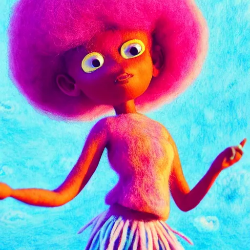 Prompt: a black girl with big cute! eyes and a colorful afro dancing in a filed of cotton candy at sunset, bright colors, synthwave, watercolor, volumetric wool felting, felt, macro photography, children illustration, global illumination, radiant light, detailed and intricate environment, by goro fujita, bokeh!!!!