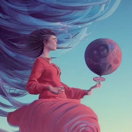 Prompt: a 3 d, hyperrealistic, octane rendered, detailed, cinematic, close up portrait of a detailed 1 9 7 6 woman with swirling hair. the woman is holding a giant balloon that looks like a glowing 3 d realistic blood moon. a night sky filled with hot air balloons and swirling clouds by kuvshinov and bilibin, karol back, barclay
