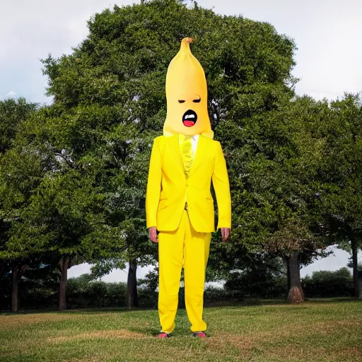 Image similar to a person with a banana head wearing a business suit